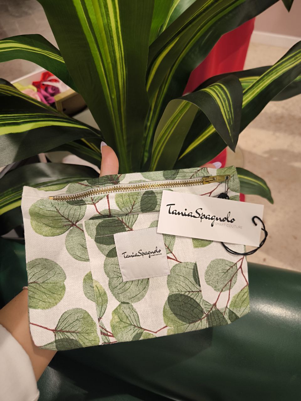 POCHETTE fantasia foglie verdi