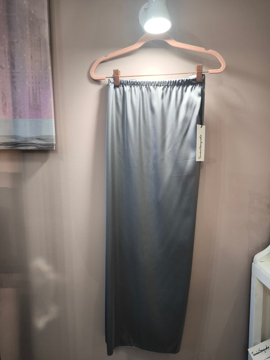 Pantalone palazzo in raso grigio perla con comodo elastico in vita