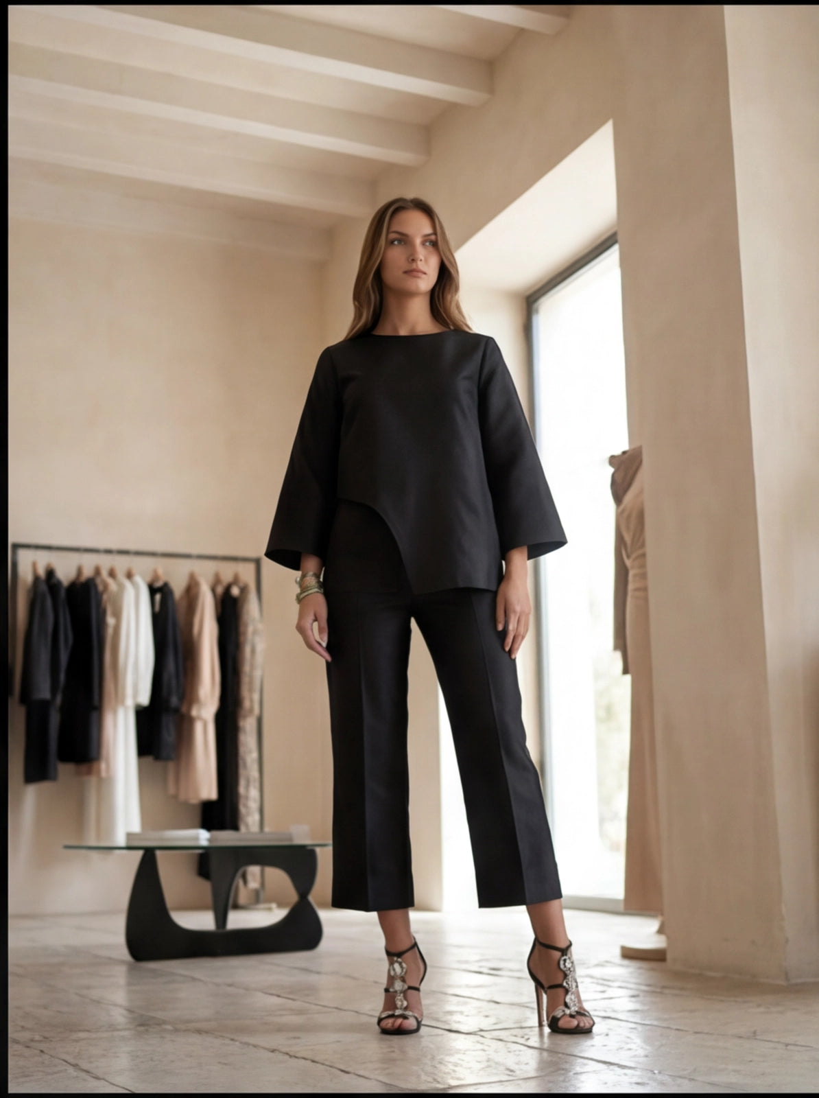 49. Set completo design top asimmetrico manica lunga e pantalone 100% seta