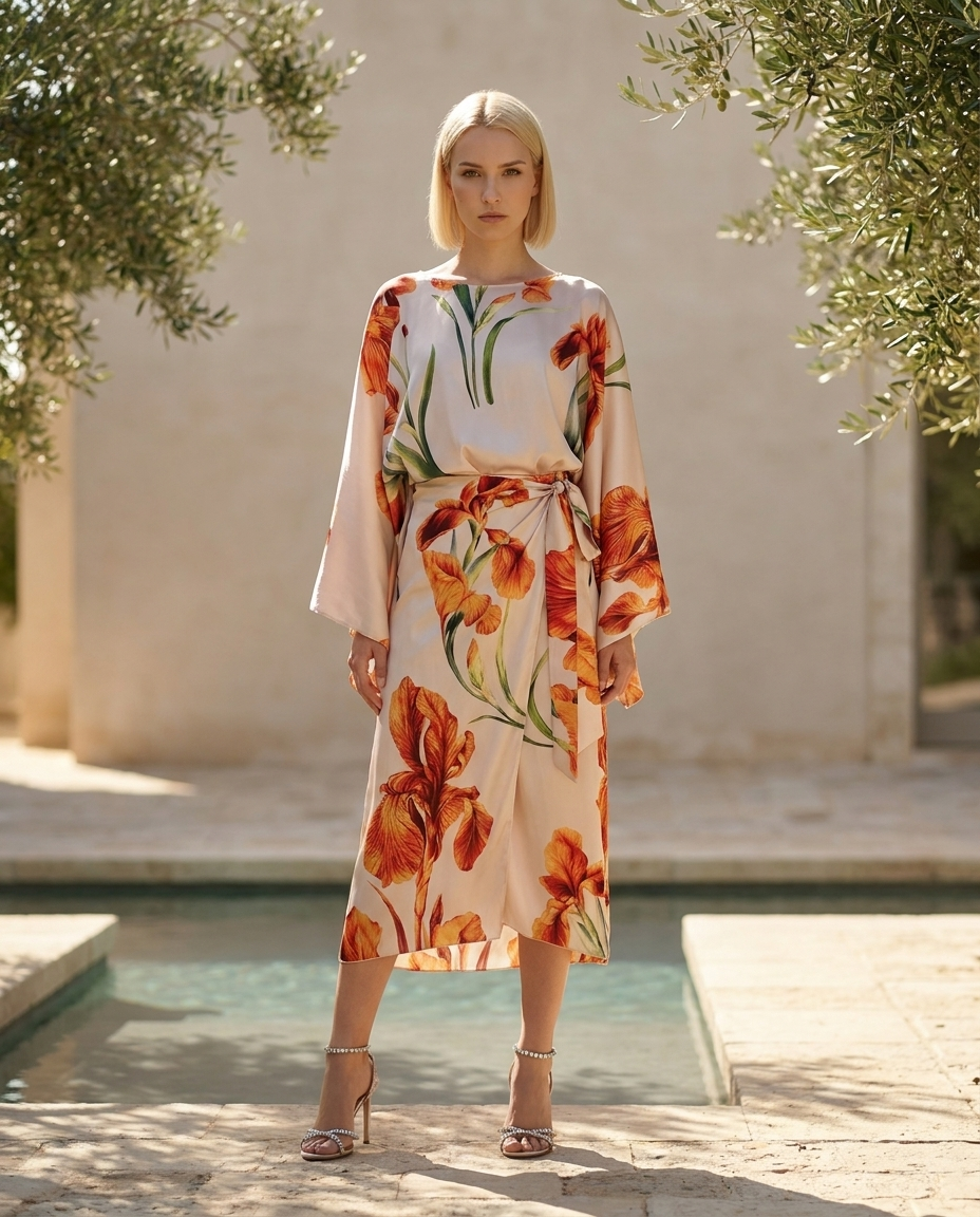 69. Set completo due pezzi blusa con wrap skirt champagne a fiori