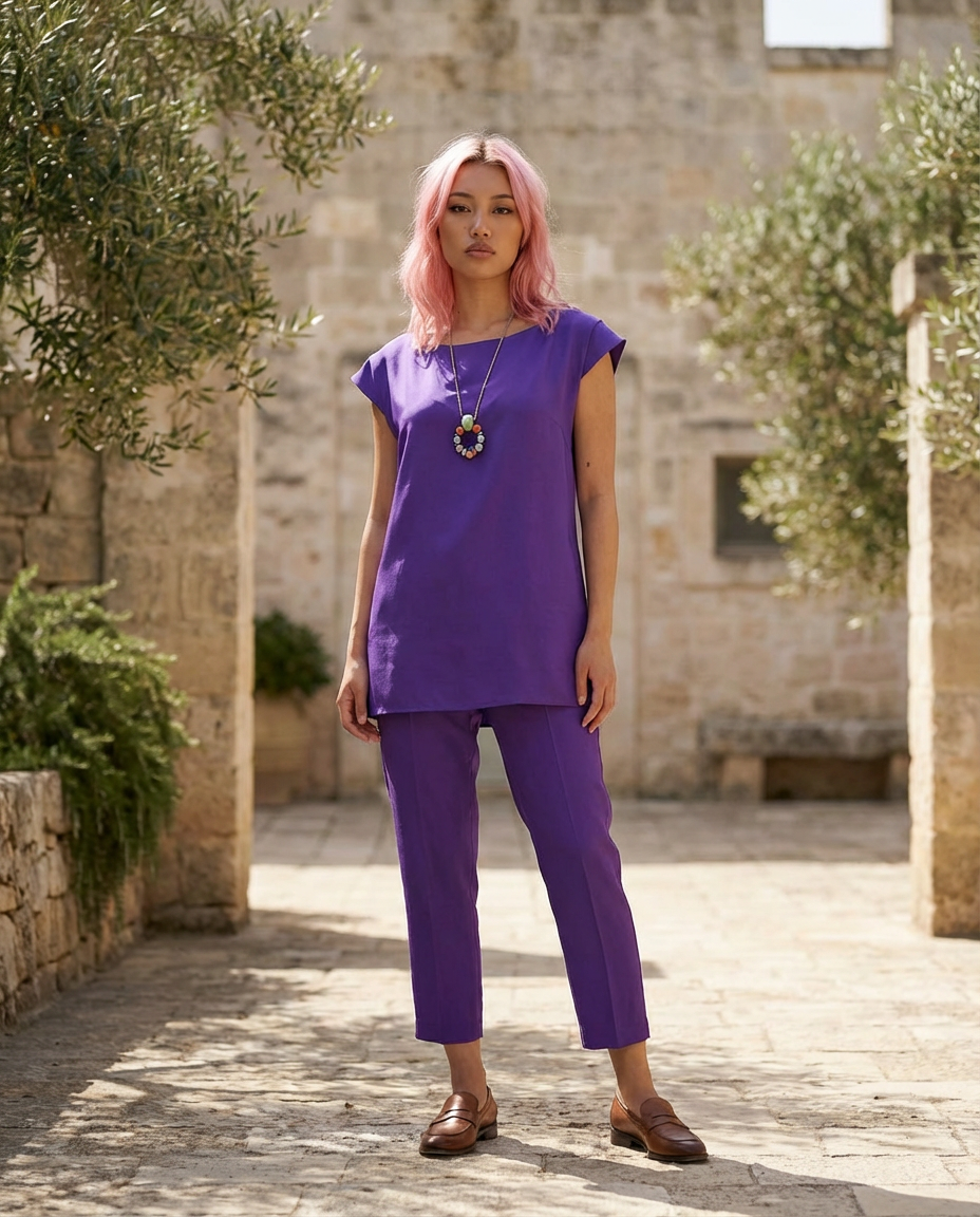 Set completo top lungo e pantalone viola - PREORDINA