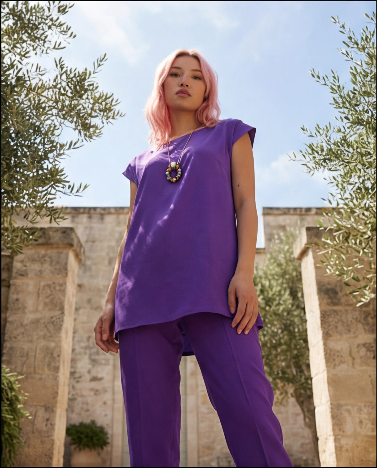Set completo top lungo e pantalone viola - PREORDINA