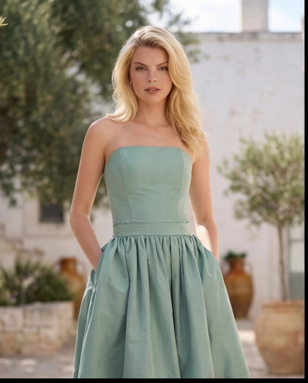 56. Set completo due pezzi - bustier e gonna in taffetà verde acqua - PREORDINA