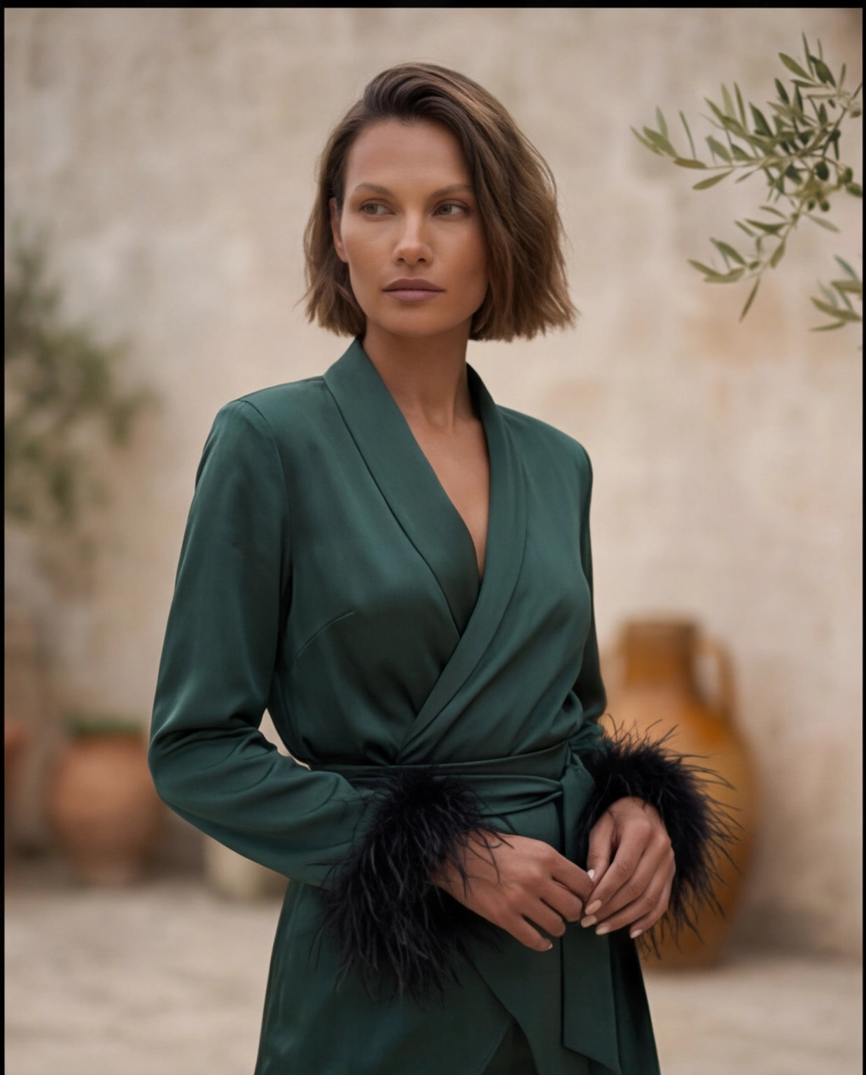 08. Tailleur Fluido con piume in satin verde scuro