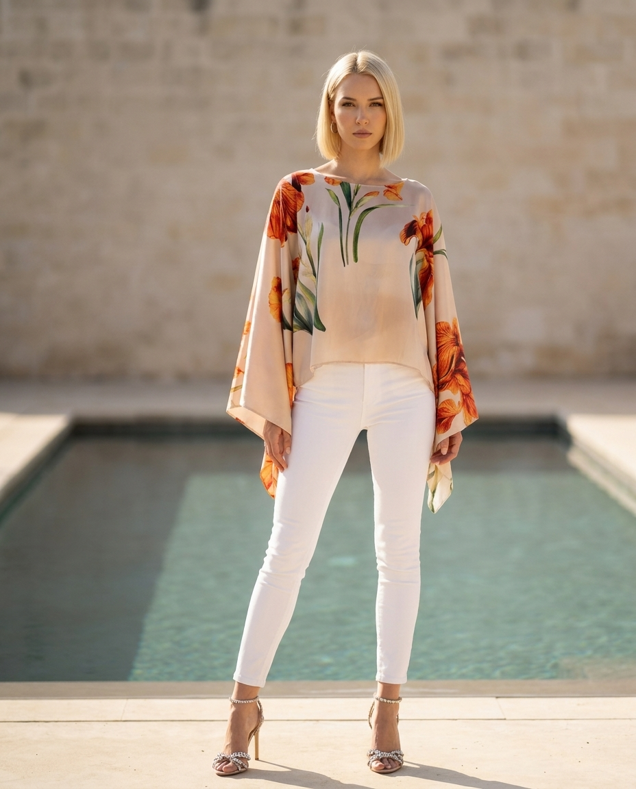 69. Set completo due pezzi blusa con wrap skirt champagne a fiori