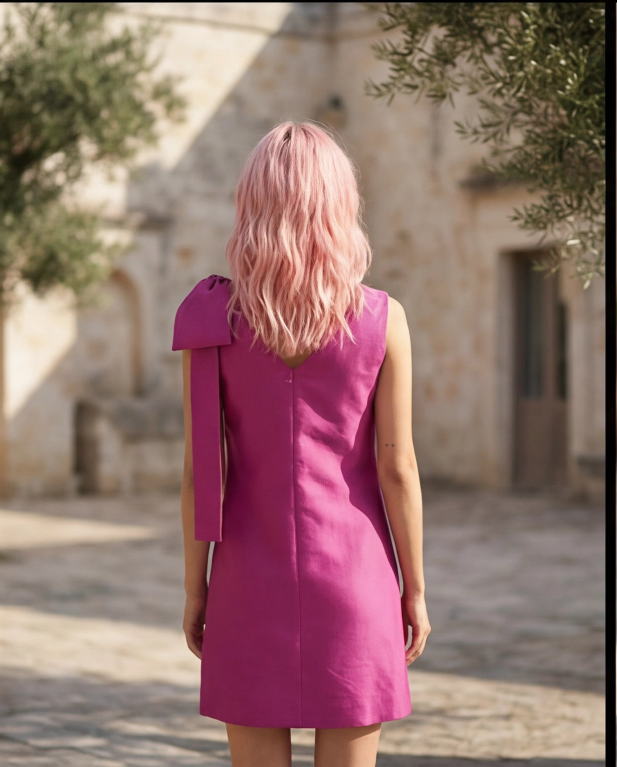 14. Abito corto da cocktail vestito tubino rigido con fiocco fucsia bouganville - PREORDINA