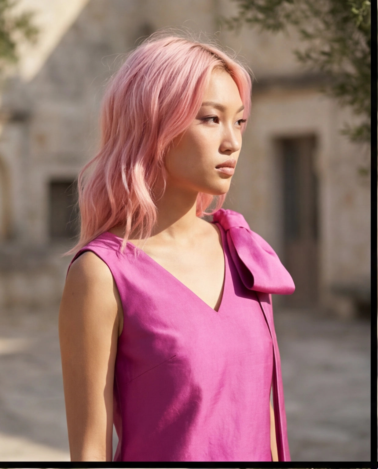 14. Abito corto da cocktail vestito tubino rigido con fiocco fucsia bouganville - PREORDINA