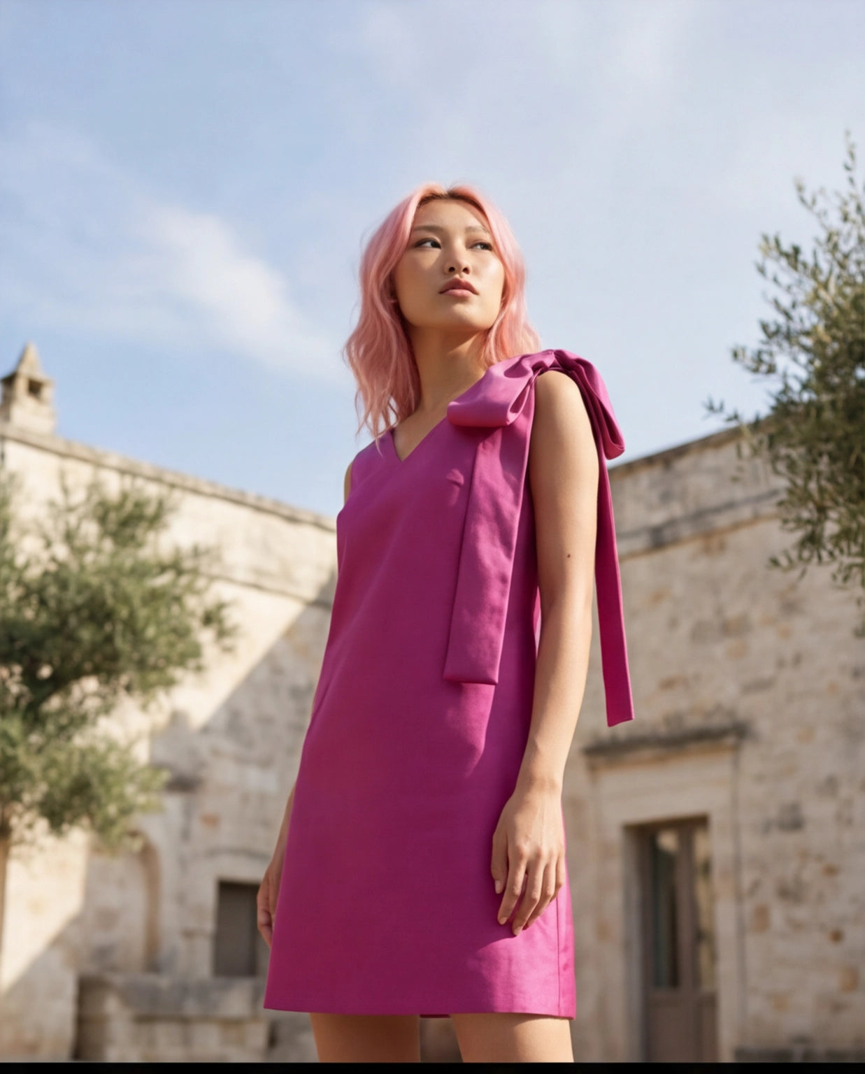 14. Abito corto da cocktail vestito tubino rigido con fiocco fucsia bouganville - PREORDINA