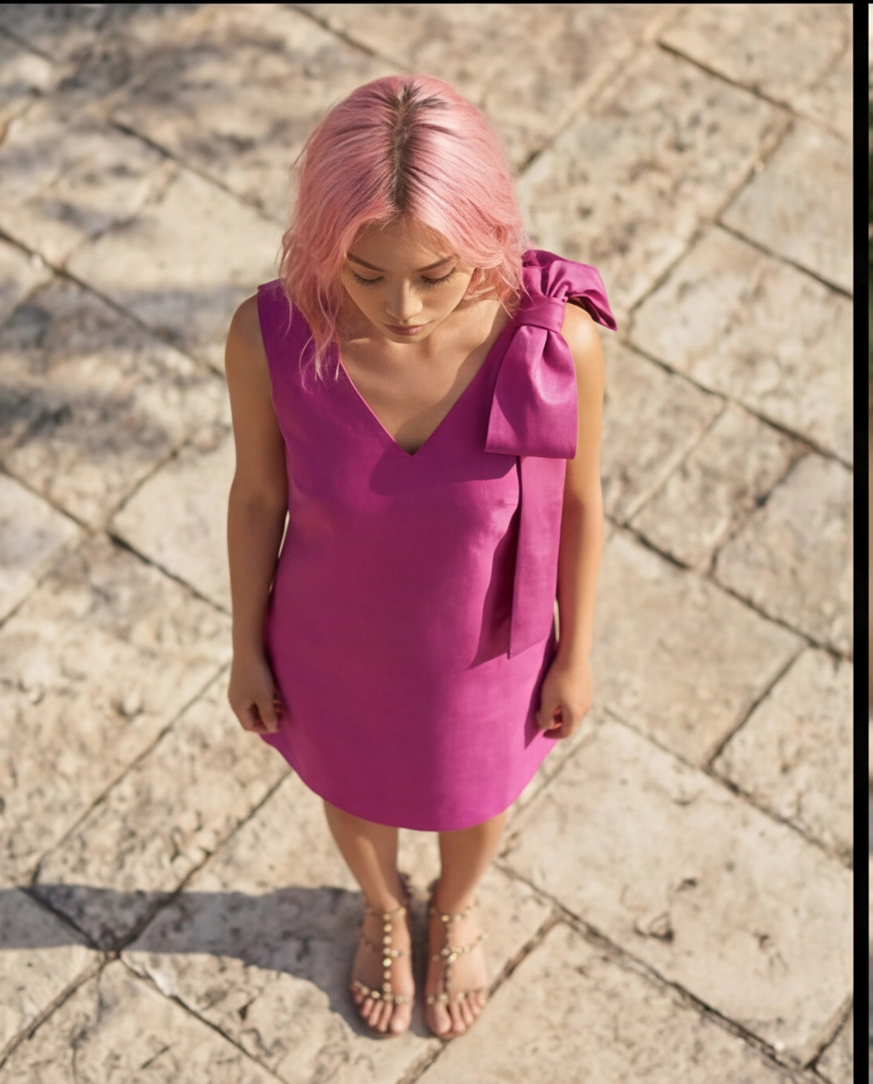 14. Abito corto da cocktail vestito tubino rigido con fiocco fucsia bouganville - PREORDINA