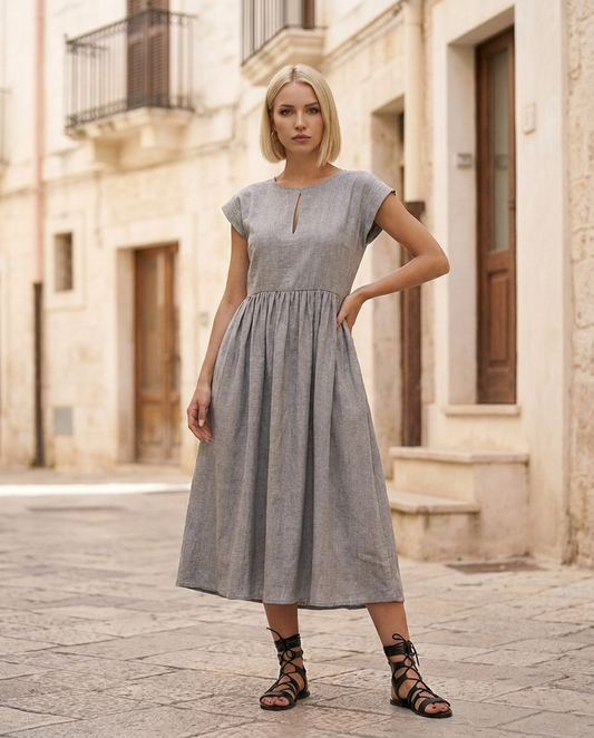 75. Vestito fresco comodo in cotone grigio melange con tasche