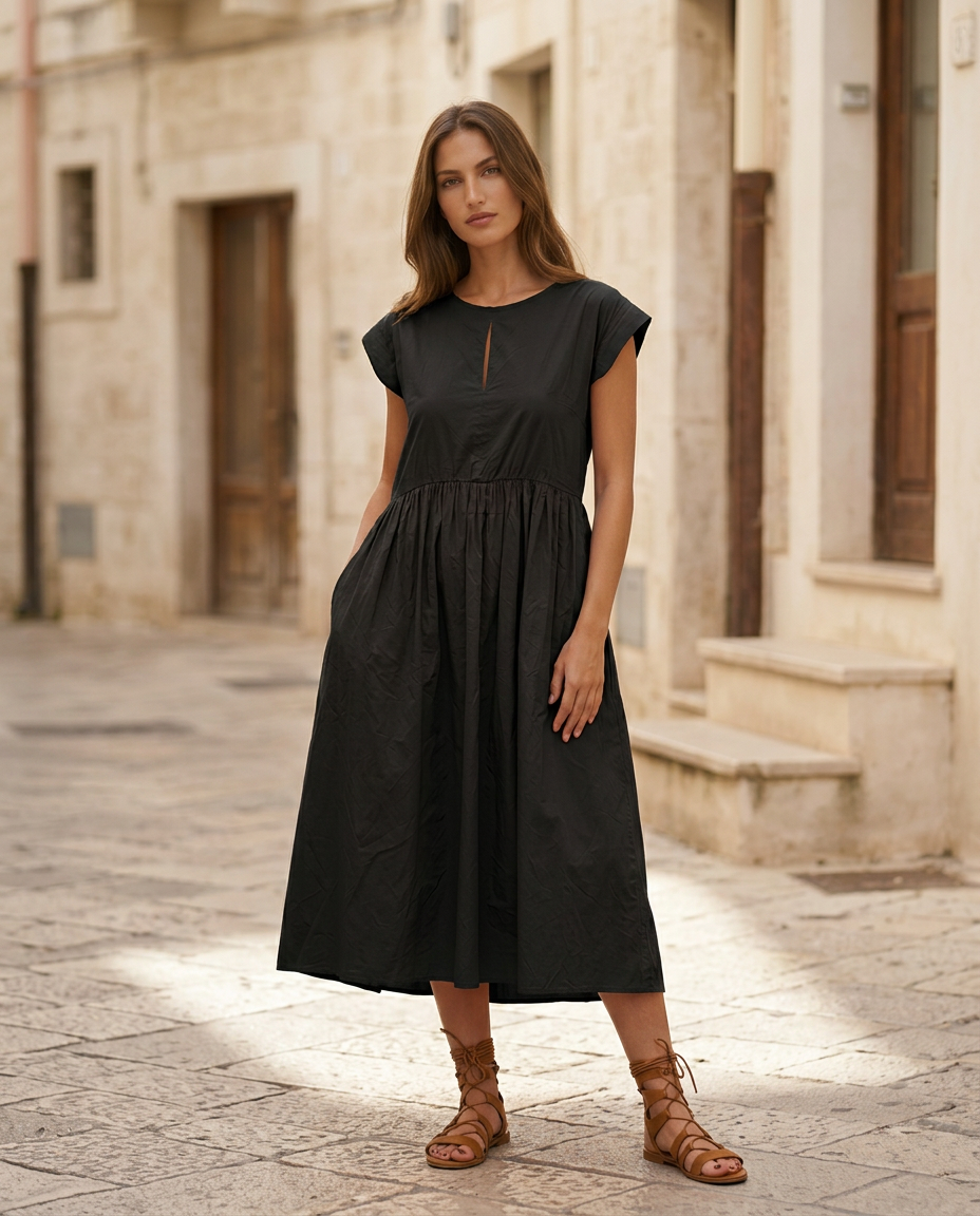 70. Vestito fresco comodo in cotone nero con tasche