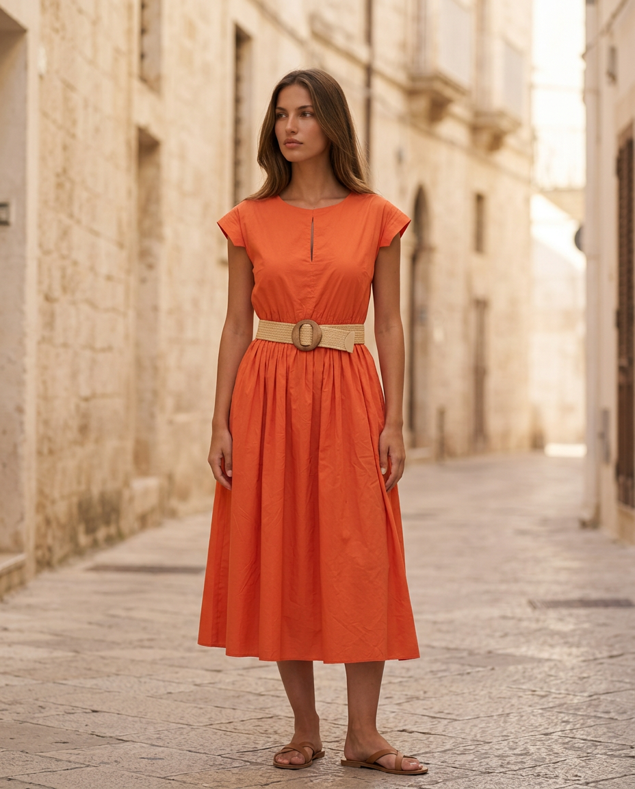 66. Vestito fresco comodo in cotone arancione con tasche